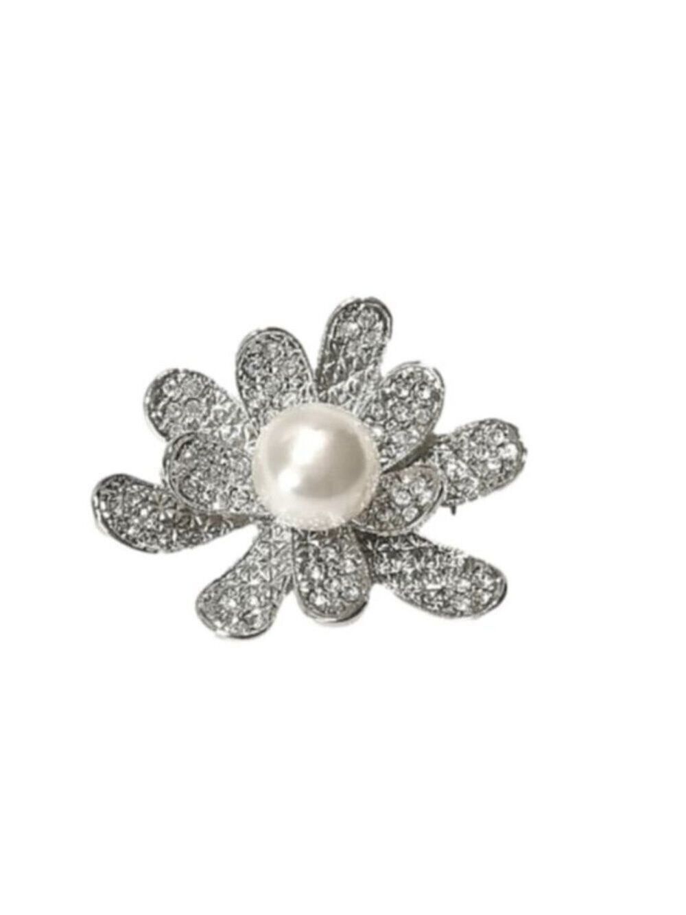 NWT Water Lily pearl crystal brooch pin silver tone